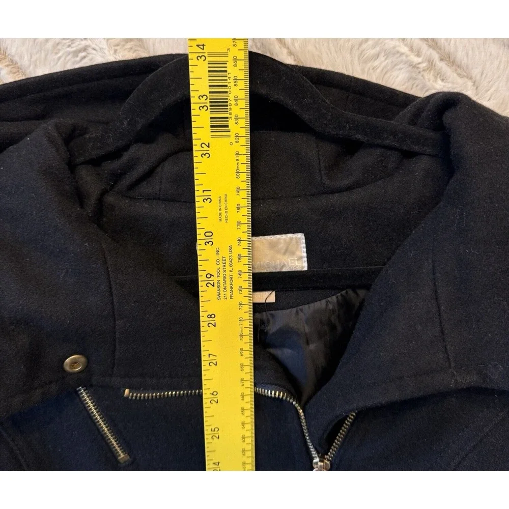 Michael Kors Asymmetrical Zip Hooded Coat Womens 6 Black Wool Blend‎ Gold Tone